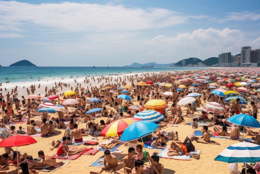 Crowded at beach in Thailand background sunbathing outdoors vacation.