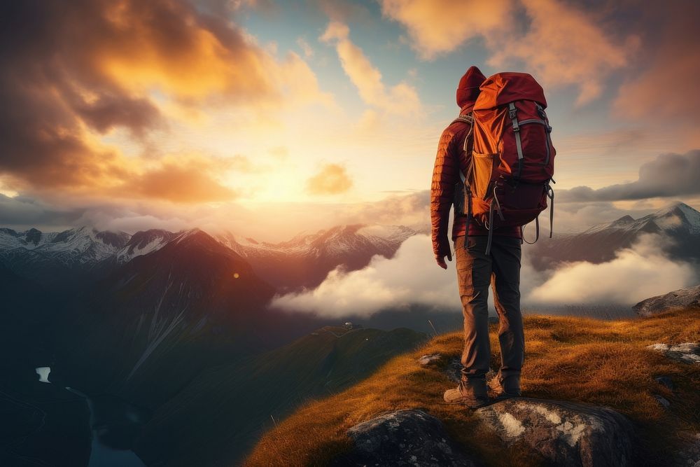 A backpacker on the top of the mountain backpacking photography adventure.