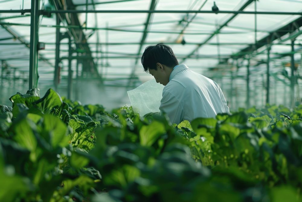 Farm worker in white coat is working in a greenhouse plantation gardening vegetable.