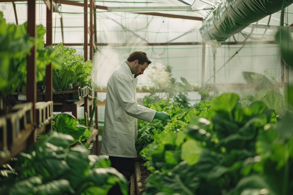 Farm worker in white coat is working in a greenhouse plantation gardening vegetable.