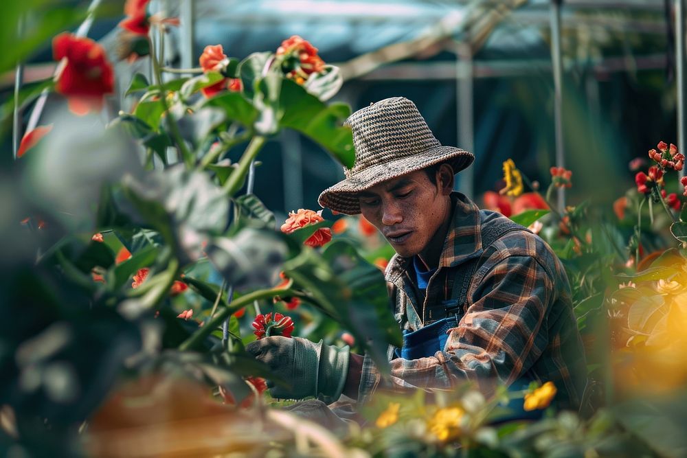 Farm worker is working in a greenhouse gardening outdoors nature.