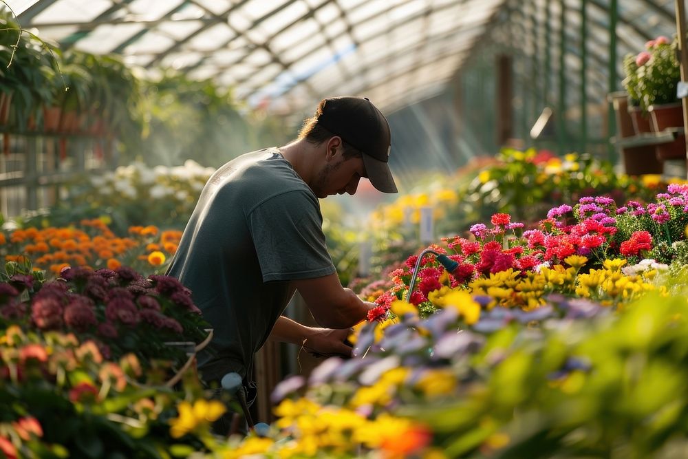 Farm worker is working in a greenhouse gardening outdoors flower.