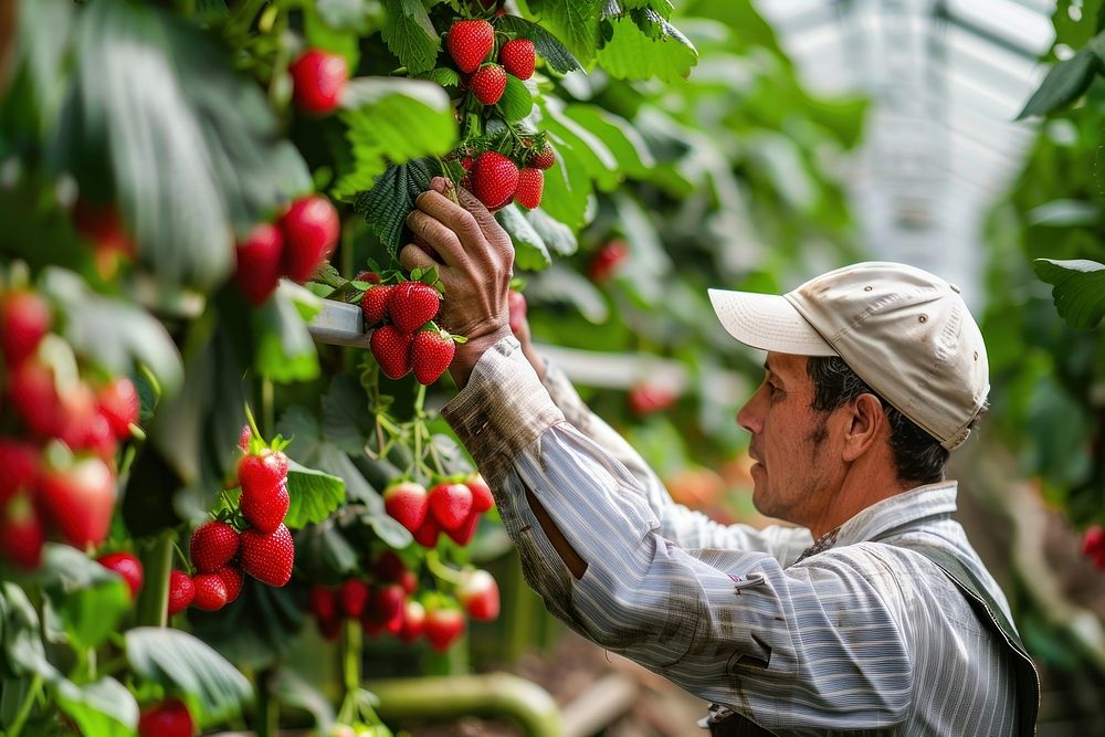 Farm worker is working in a greenhouse plant berry gardening.