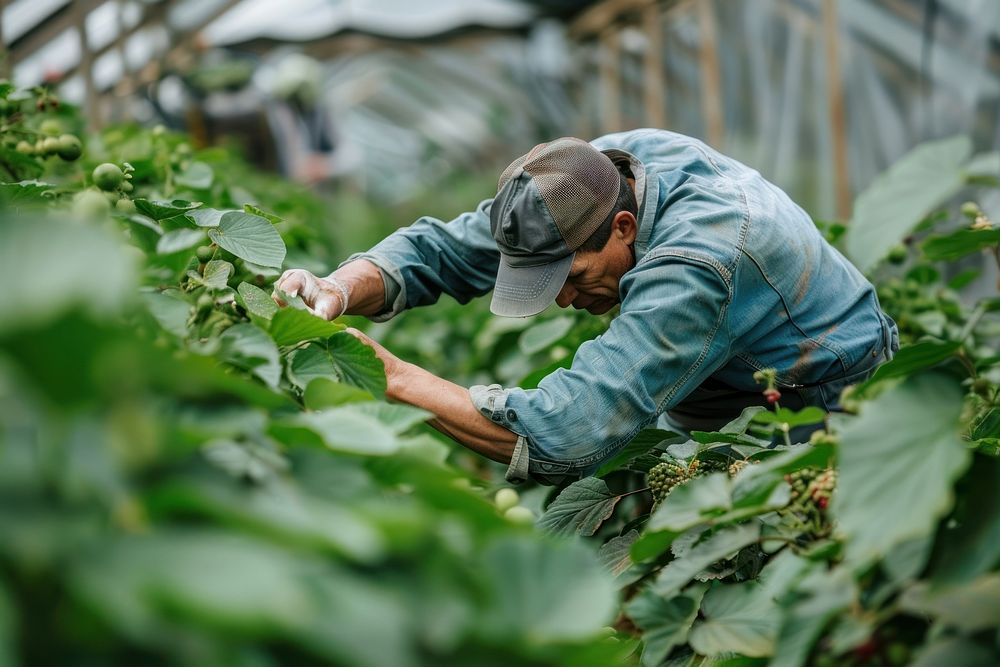 Farm worker is working in a greenhouse plantation gardening outdoors.