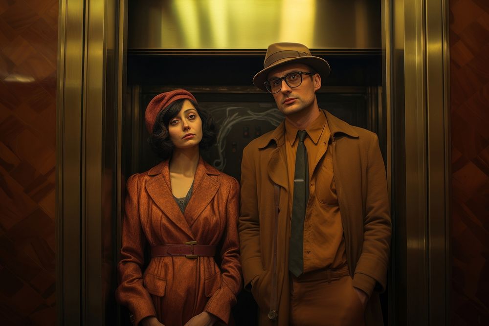 A man and woman in a elevator look side by side adult togetherness architecture.