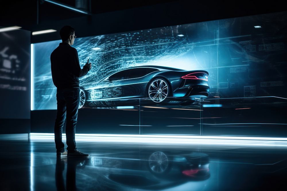 A man looks at a hologram car vehicle adult transportation.