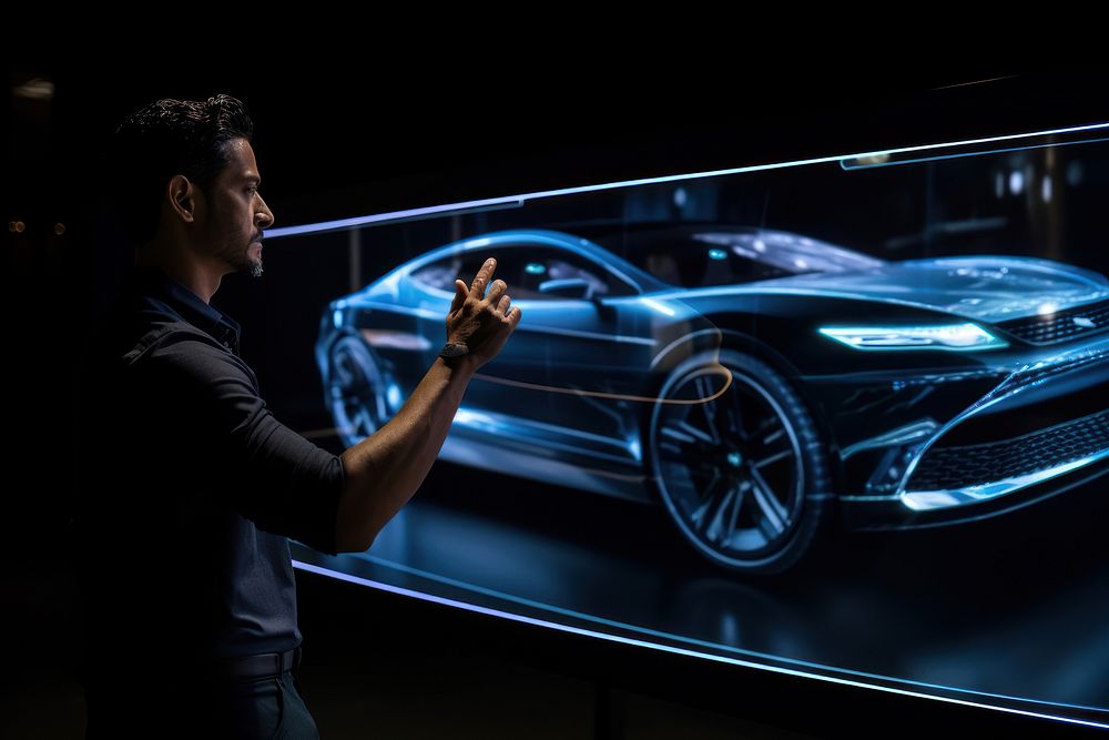 A man looks at a projector showing a simulated car vehicle adult transportation.
