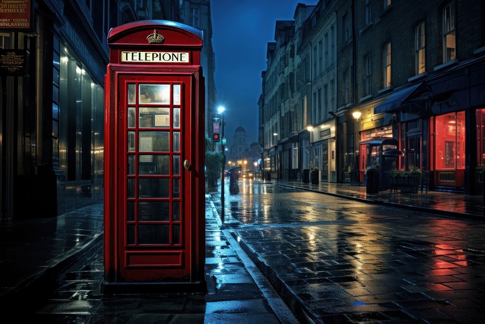 London phone booth street architecture illuminated.