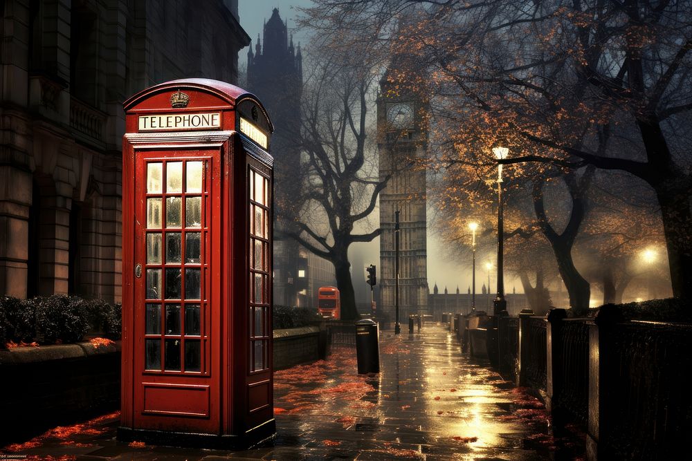 London phone booth street transportation architecture.