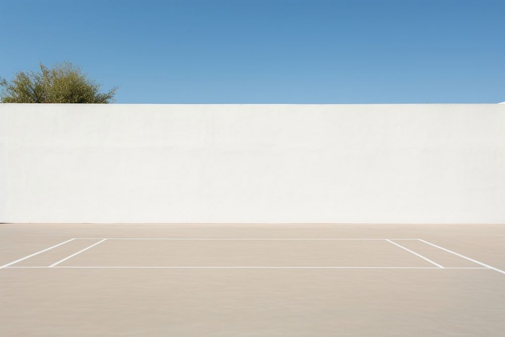 A tennis court outdoors white wall.