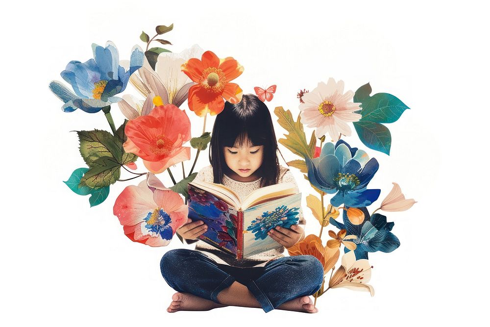 Child reading book flower publication plant.
