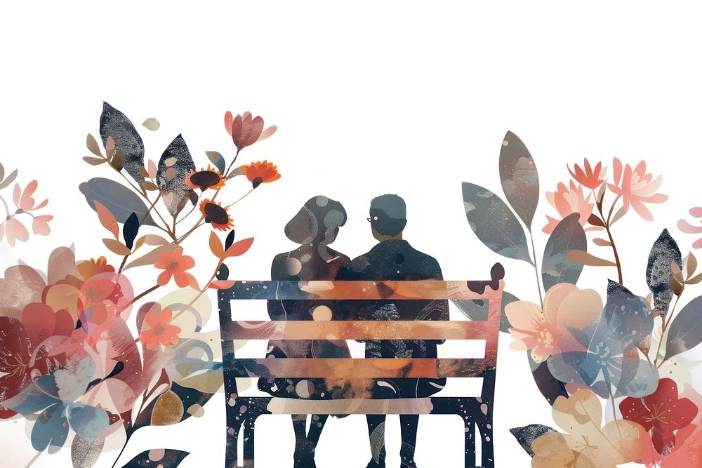 Elder couple sitting on bench furniture flower plant.