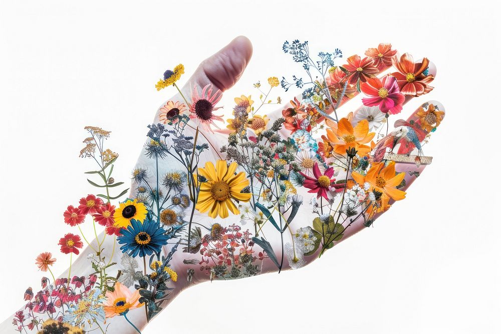 Diversity hand holding hand pattern flower collage.