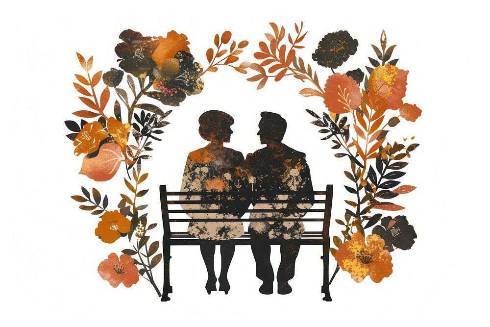 Elder couple sitting on bench pattern flower adult.