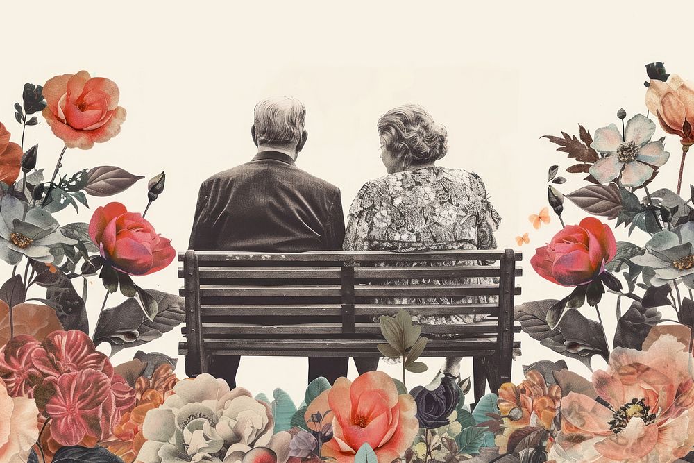 Elder couple sitting on bench flower adult plant.