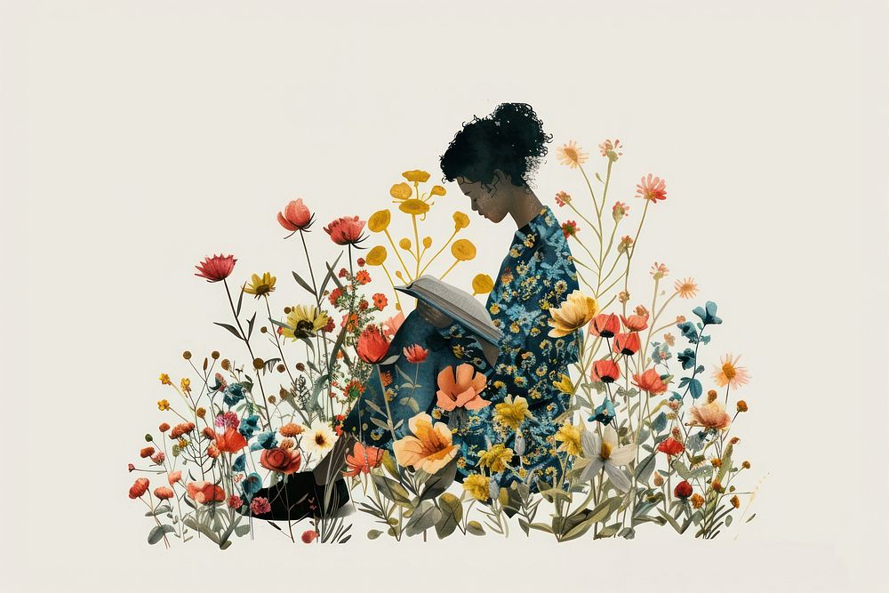 Person reading sitting flower person.