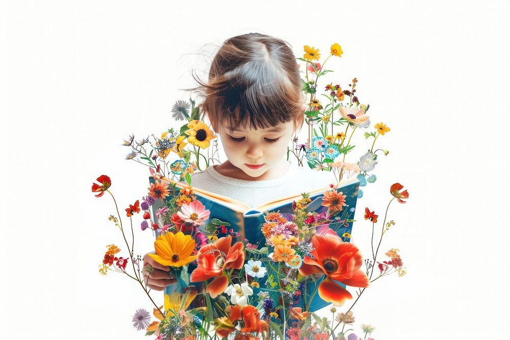 Child reading book flower portrait plant.