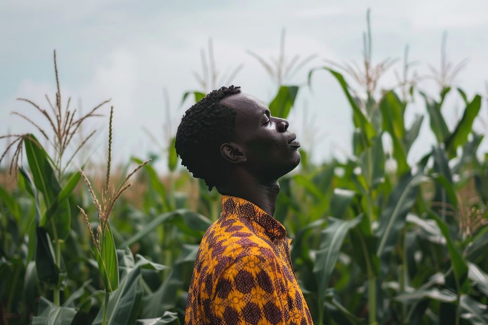 African man standing in a corn field agriculture landscape outdoors.