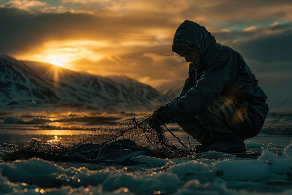 Fishermen prepares the net for fish outdoors nature snow.