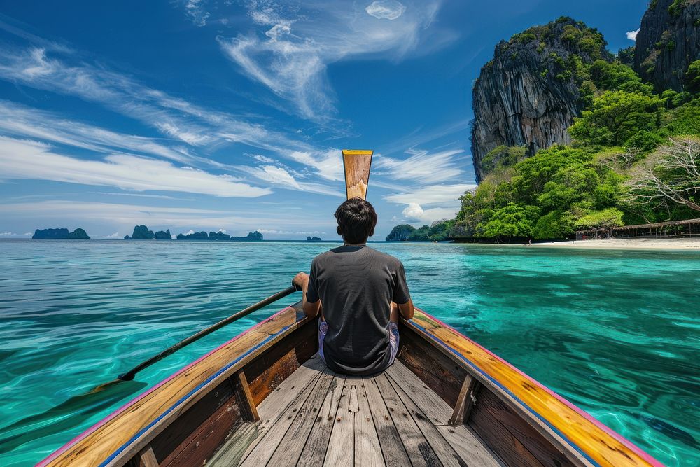 Man sitting in front of a boat outdoors vacation vehicle.