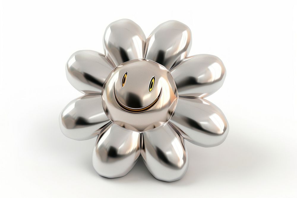 Cute smiling daisy Chrome material jewelry brooch white background.