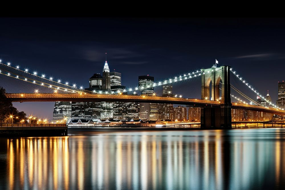 Brooklyn bridge at night architecture cityscape building.
