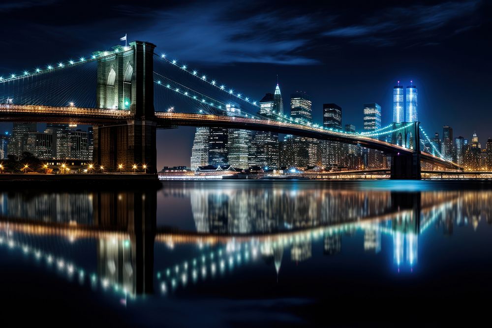 Brooklyn bridge at night architecture cityscape landmark.