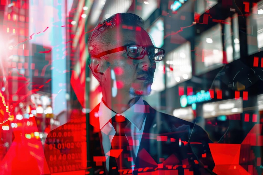 Businessman red stock market portrait photography glasses.