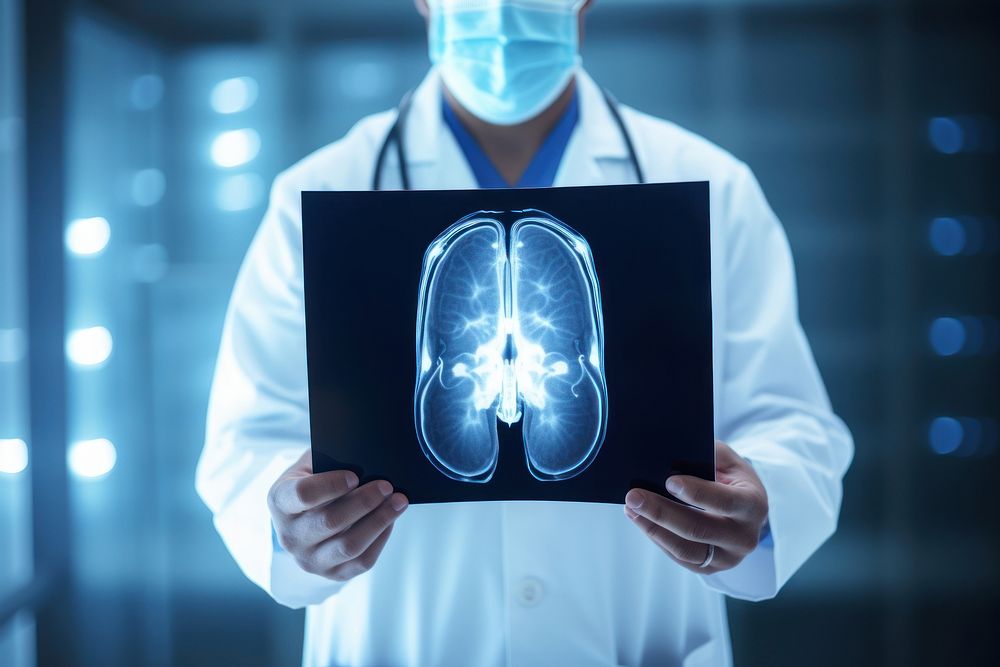 Doctor holding a large x ray of brain adult blue stethoscope.