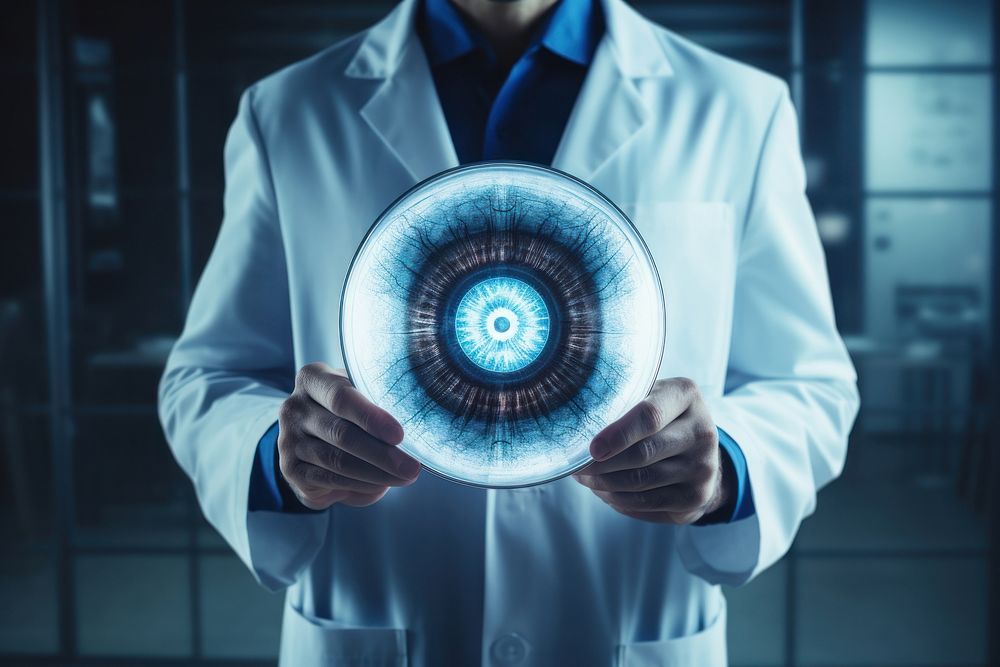 Doctor holding a large x ray of eye hospital adult blue.
