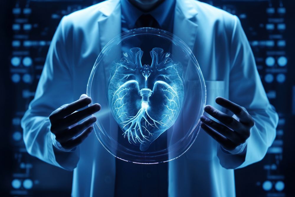 Doctor holding a large x ray of heart adult blue stethoscope.