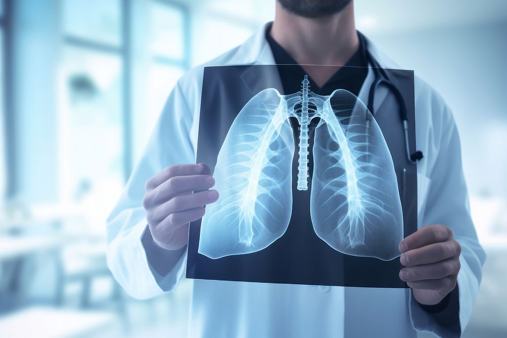 Doctor holding a large x ray of lungs adult blue stethoscope.