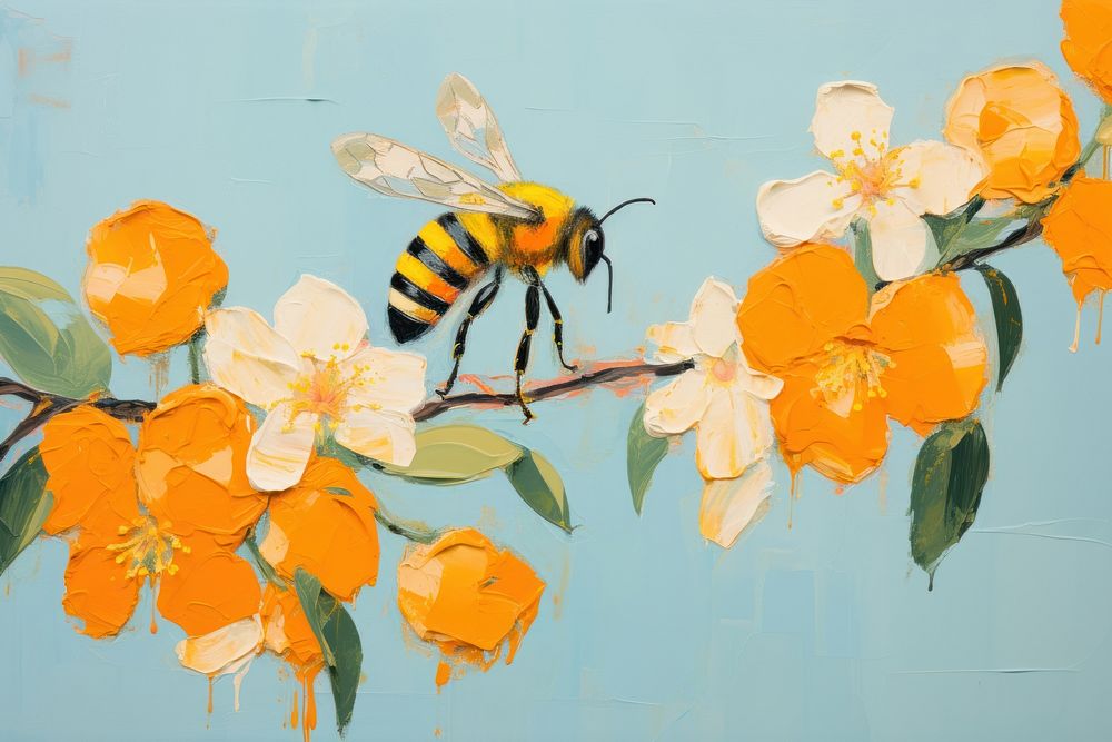 Bee with orange tree painting animal insect.
