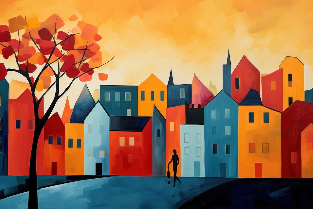 Autumn in city painting art architecture.
