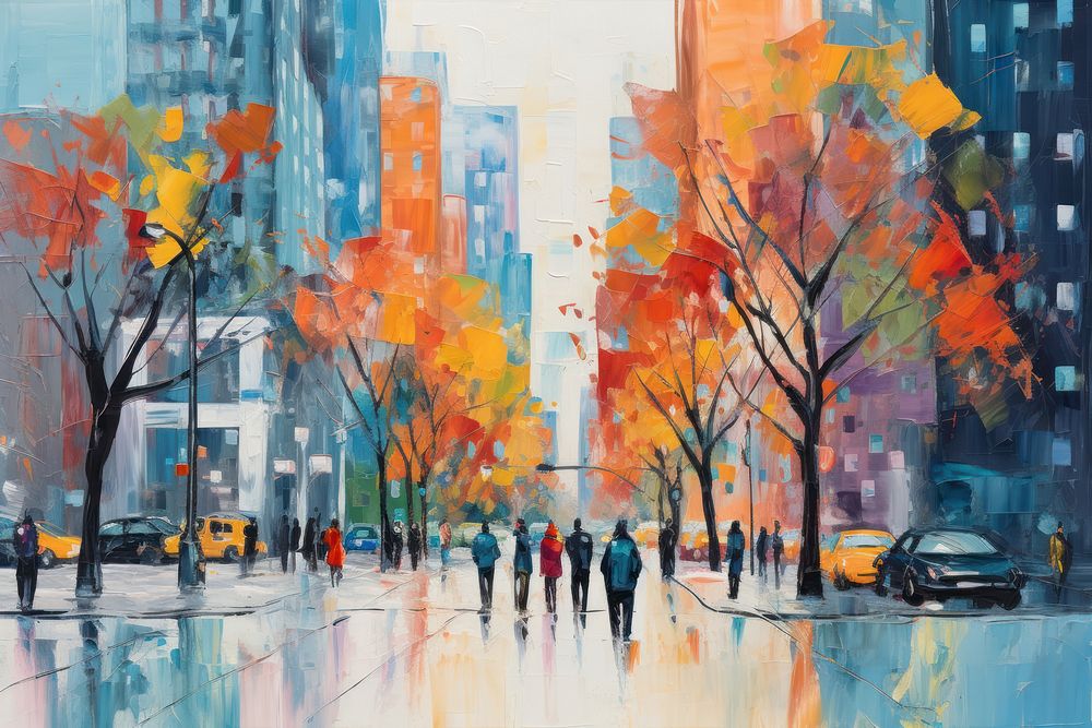 Winter in new york city painting street road.