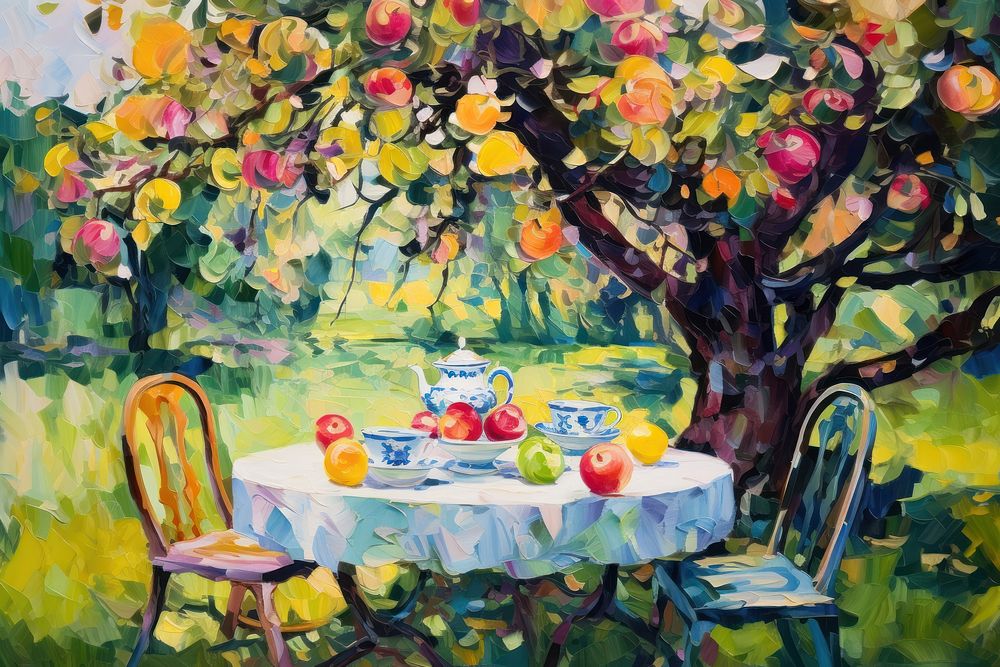 Afternoon tea painting outdoors table.