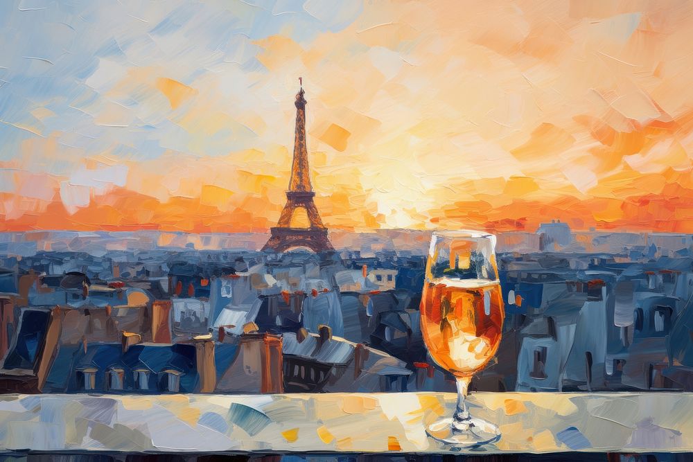 Beer with paris city view painting architecture outdoors.