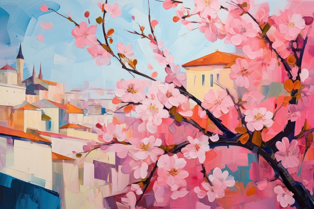 Cherry blossom in town painting flower plant.