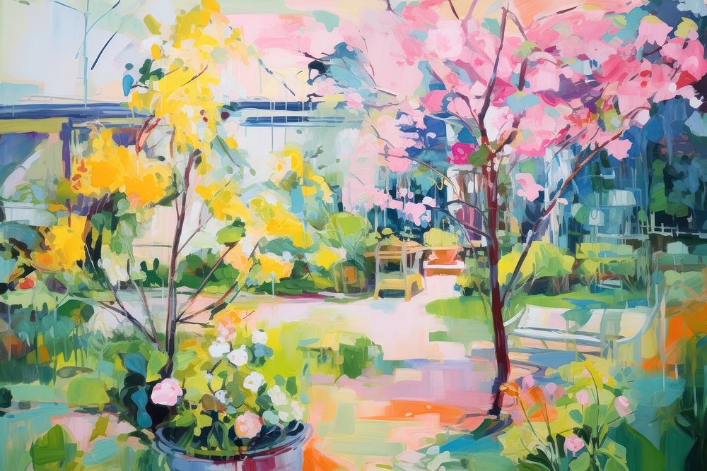 Garden in spring season painting outdoors blossom.