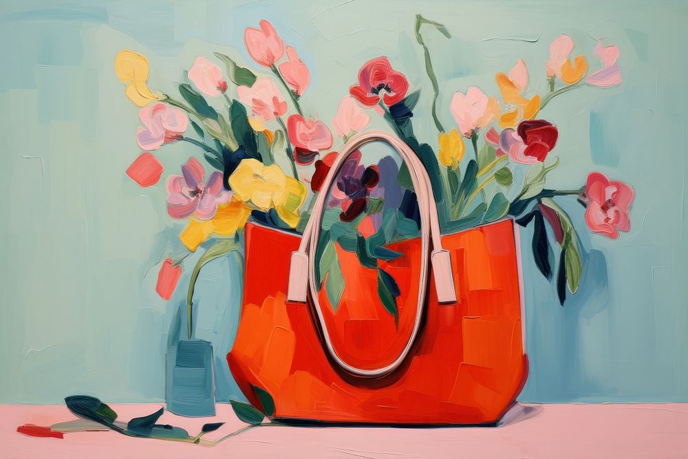 Vintage bag with flowers painting handbag purse.