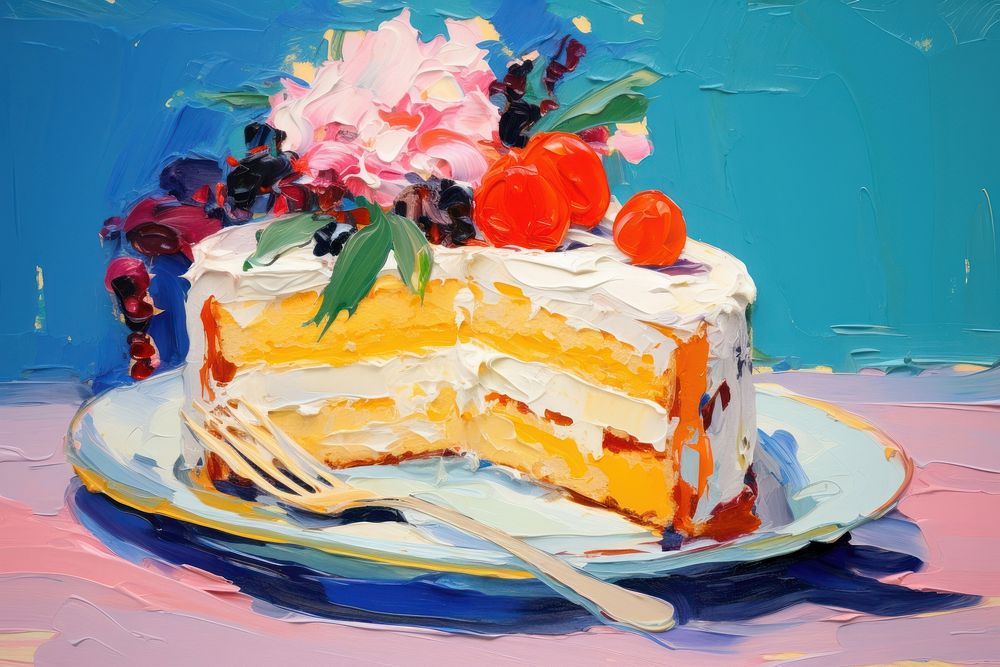 Cake with flower painting dessert cream.