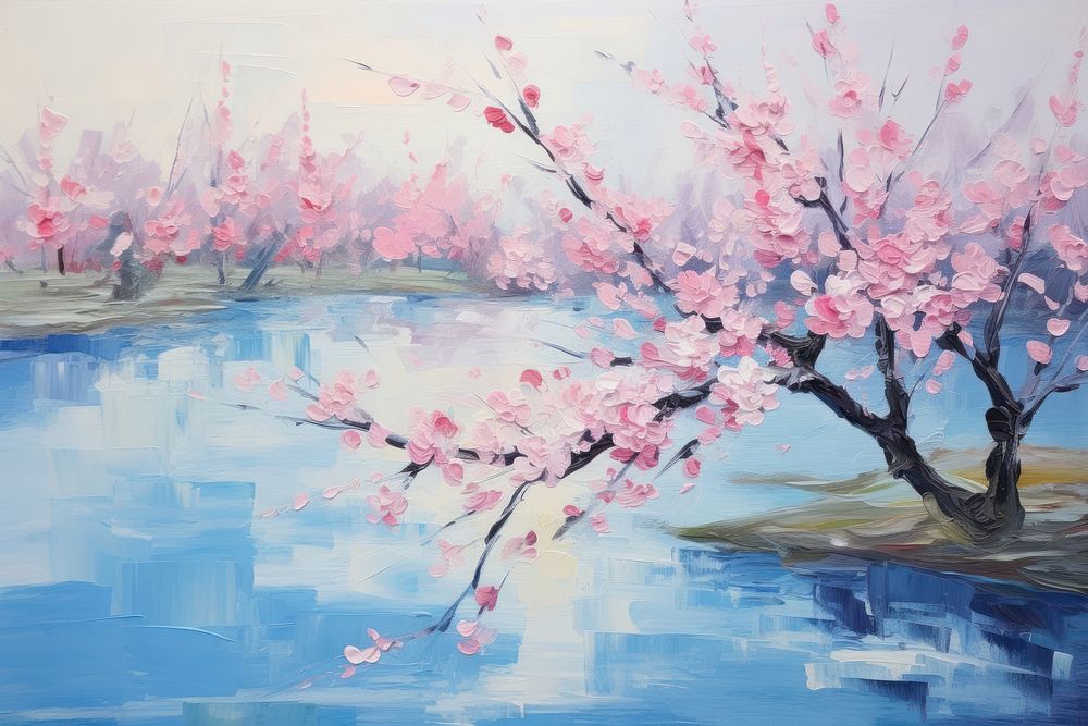 Cherry blossom with river painting flower plant.