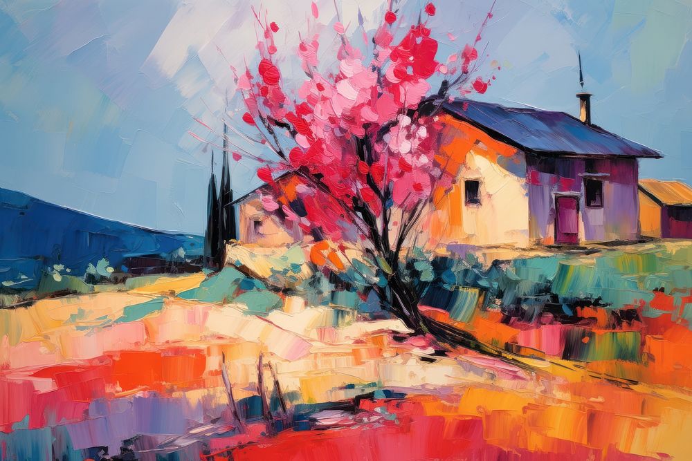 Home in spring season painting outdoors nature.