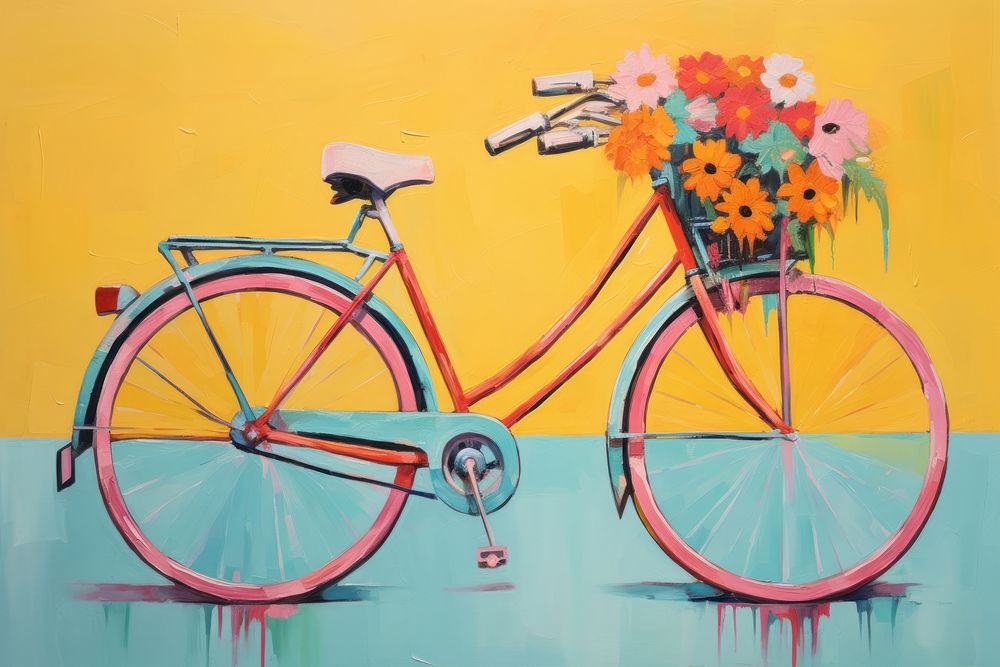 Bicycle with flower painting vehicle wheel.