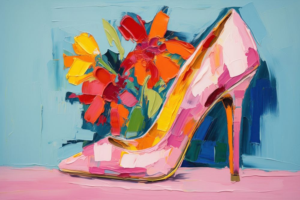 High heels with flower painting footwear shoe.