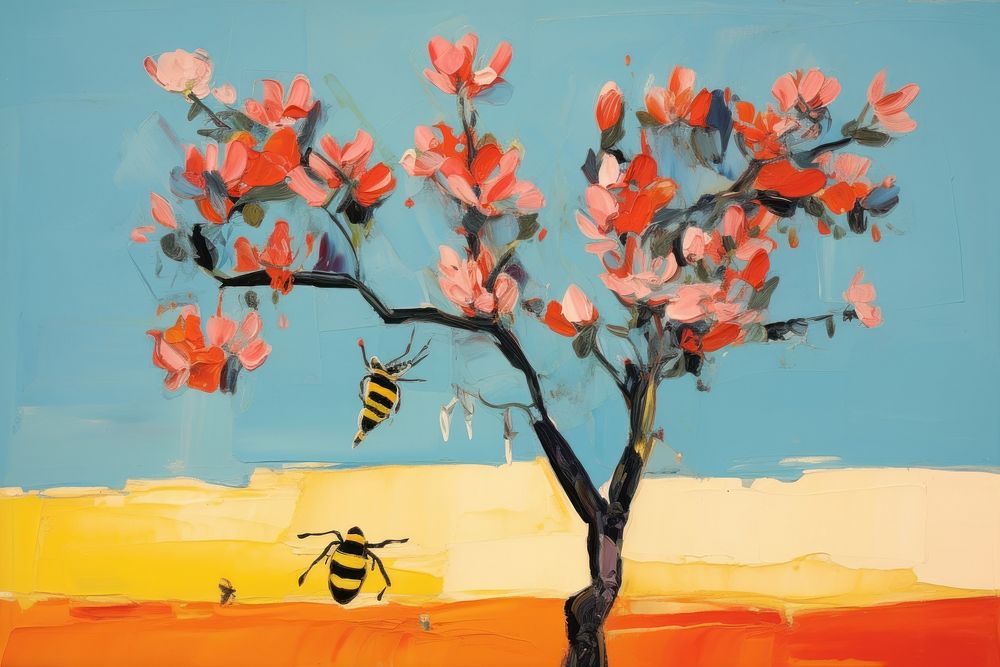 Bee with orange tree painting blossom flower.