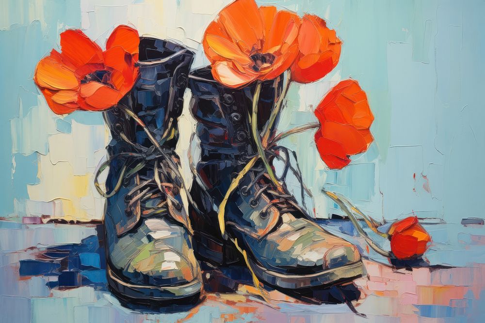 Boots with flower painting footwear poppy.