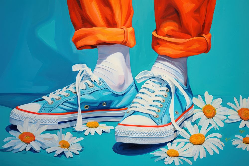 Sneakers with daisy flower footwear painting plant.