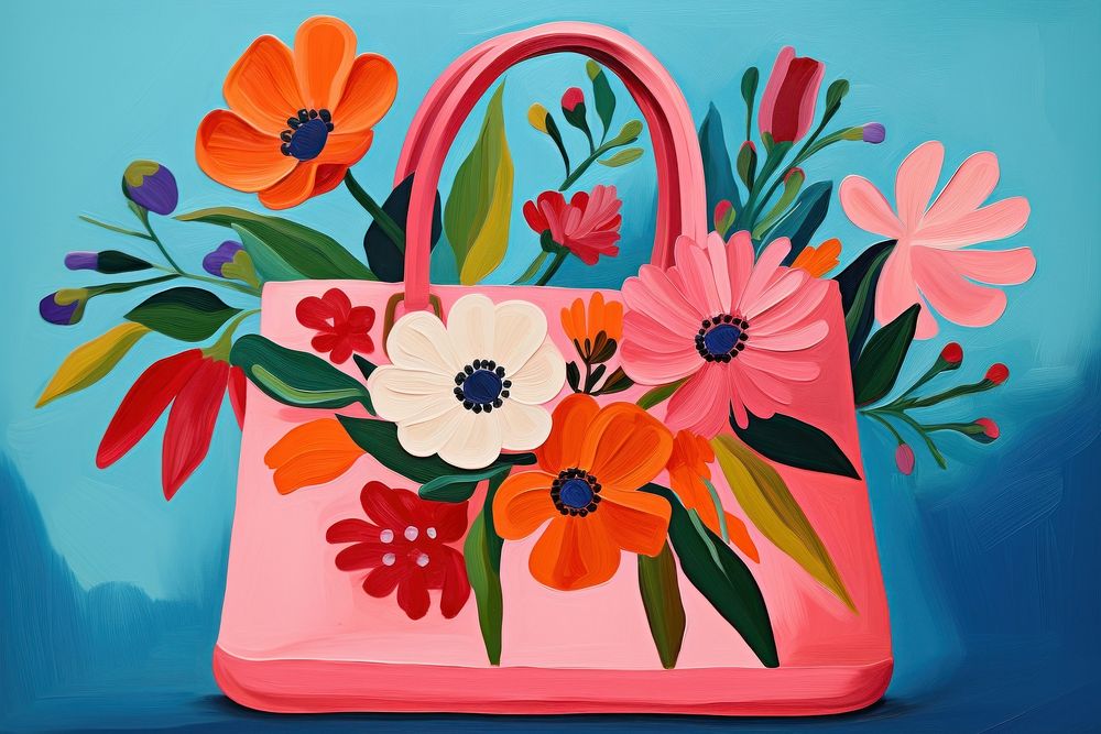 Vintage bag with flowers painting handbag plant.