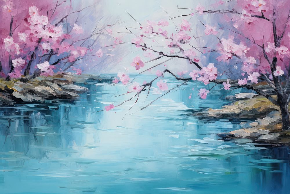 Cherry blossom with river painting outdoors flower.